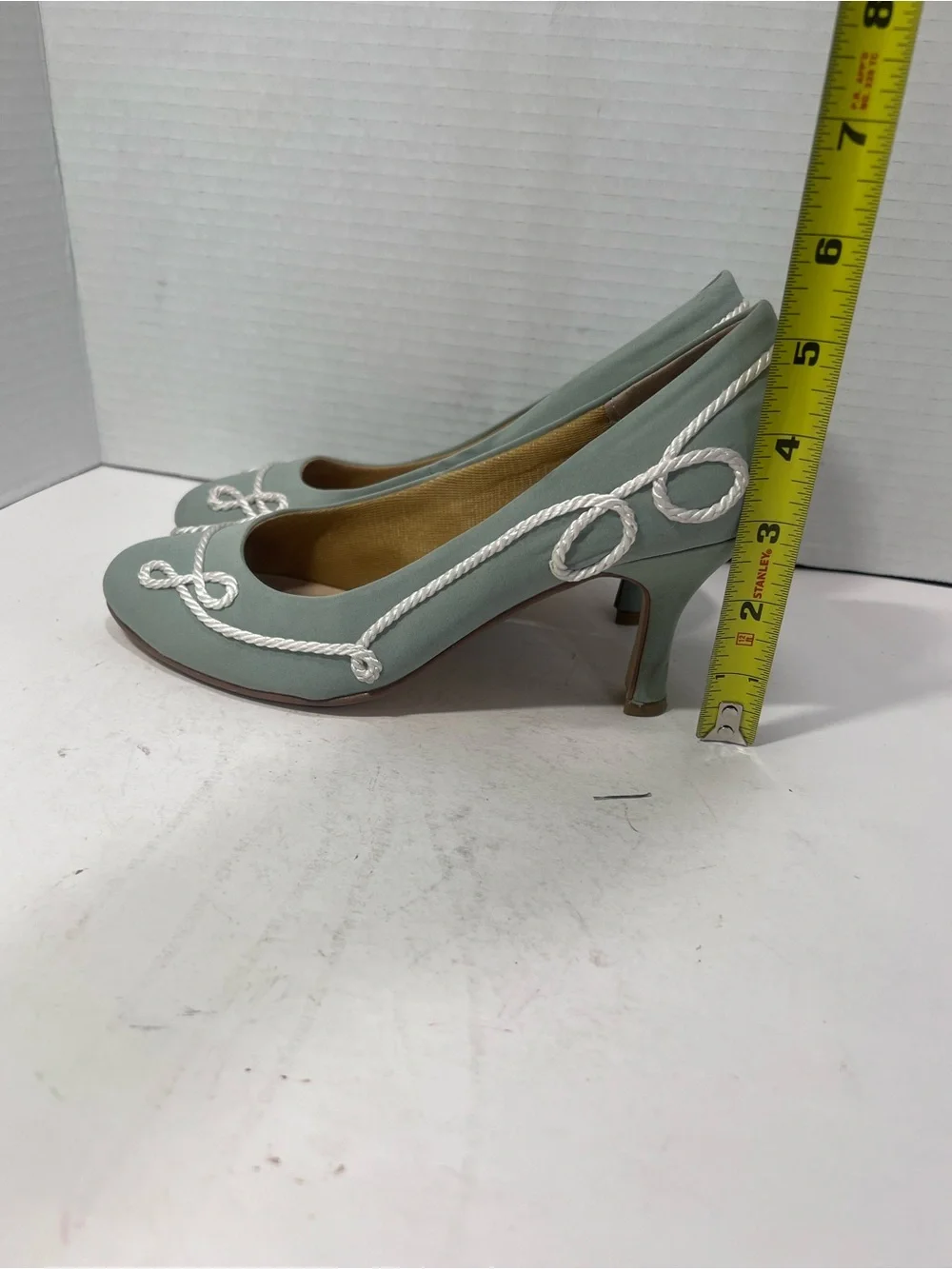 Seafoam Rope-Trim Mid Heel Pumps
